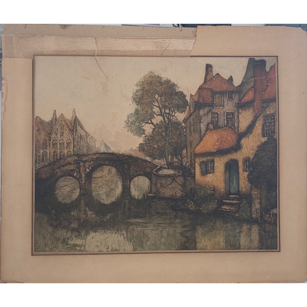 Antique European Canal Bridge Cityscape Etching Lithograph Vintage Art 25.5x30.5